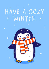 Cute little penguin wearing warm scarf on blue background - cartoon character for funny Christmas and New Year winter greeting card and poster design