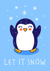 Cute little penguin with snow on blue background - cartoon character for funny Christmas and New Year winter greeting card and poster design