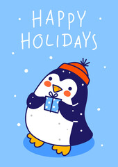 Cute little penguin wearing knitted hat with  gift box on blue background - cartoon character for funny Christmas and New Year winter greeting card and poster design