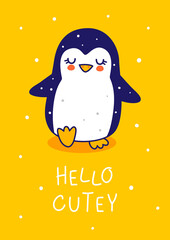 Cute little penguin on yellow background - cartoon character for funny Christmas and New Year winter greeting card and poster design
