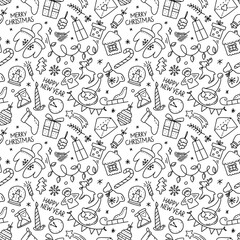 Hand drawn seamless pattern with  Merry Christmas element  bell, ball, candy, angel, snowman, tree, fire in doodle style. Vector outline illustration. Design for textile , wrapping, coloring pages