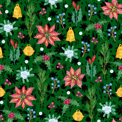 Christmas seamless pattern with poinsettia flowers, holly branches and berries