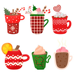 Christmas, New Year set of Hand drawn cup of hot chocolate or coffee decorated by holly berries, cream and candy cane