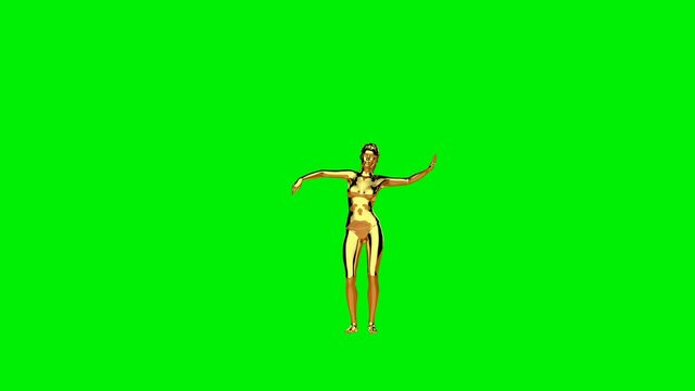 Golden slim woman getting weight while doing a belly dance, seamless loop, Green Screen