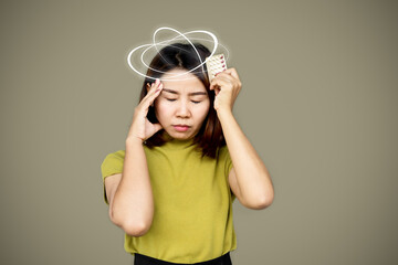 Asian woman suffering from dizziness having side effect from birth control pills  - obrazy, fototapety, plakaty