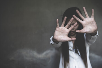 Woman hand sign for stop abusing violence,  human trafficking, stop violence against women, Human...