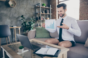 Photo of domestic handsome guy business man stay home quarantine talk skype boss meeting online...