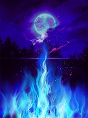  Background of the night sky behind the beautiful blue fire