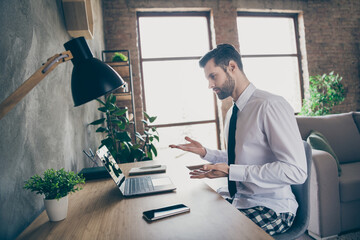 Profile photo of domestic handsome guy business man stay home quarantine talking skype boss meeting...
