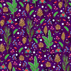 Christmas seamless pattern with pine cones, fir branches and berries for gift paper