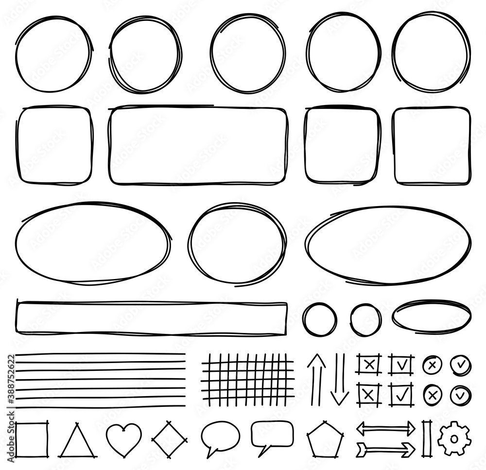 Poster set of hand drawn elements for selecting text. oval, round, rectangular and square frames, arrows, l