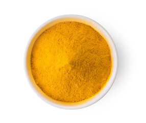 Turmeric powder in white bowl isolated on white background