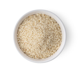 Sesame seeds in white bowl isolated on white background
