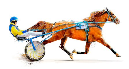 Horse. Equestrian sport. Trotter race. Jockey. Harness racing. Hippodrome. Watercolor painting illustration. Isolated on white background © mari