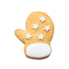Christmas cookie in the form of mitten on isolated white background