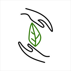 Green leaf, plant in hands isolated icon. Saving nature. Vector illustration.