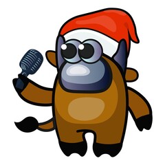 Cute cartoon cow with microphon in Santa Clous hat. Vector decorative design.