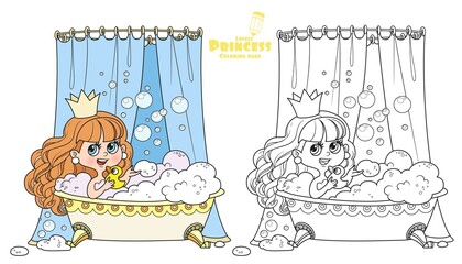 Cute brunette princess taking bath with a duck outlined and color for coloring book © Azuzl