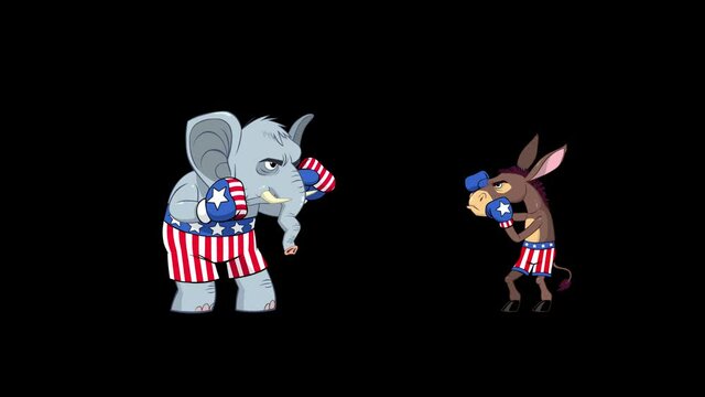 Democrat Donkey vs Republican Elephant - cartoon animated scene
