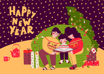 Christmas family evening, reading books, Cartoon vector people illustration.