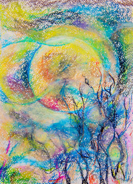 Drawing with colored crayons and pastels.Dark night, full moon. Moonlight shone through the branches of the trees. Halloween. To decorate your interior or text background. Colorful illustration.