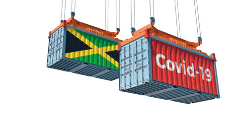 Container with Coronavirus Covid-19 text on the side and container with Jamaica Flag. 3D Rendering 