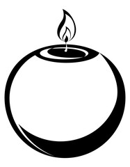 Burning round candle. Decor object in monochrome style.