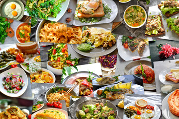 Collage of many popular all over the world breakfasts, lunches and snacks. Collage of different assortment of food.