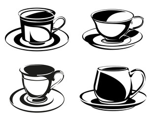 Set of cups on saucers. Decor objects in monochrome style.