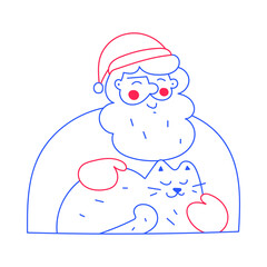 Santa stroking cat. Illustration for greeting card, posters, print design. 