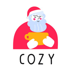 Cozy. Santa with big mug. Illustration for greeting card, posters, print design. 