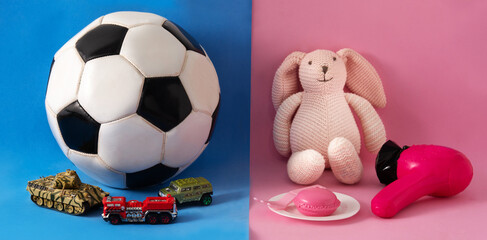 Gender stereotype toys on blue and pink background - obrazy, fototapety, plakaty