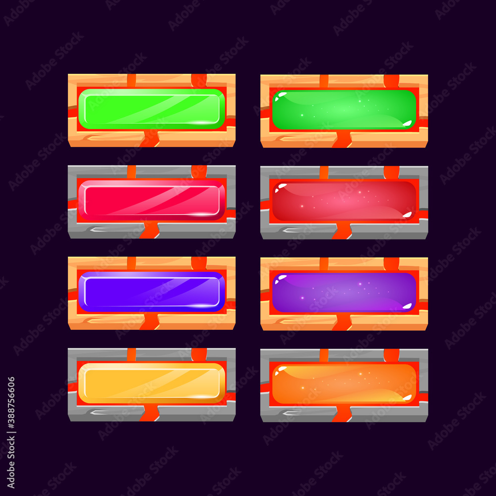 Fototapete set of gui jelly and crystal with lava button with wooden and rock frame border for game ui asset el