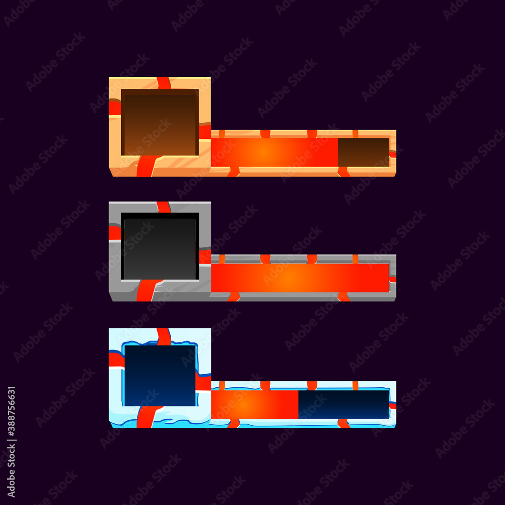 Poster set of gui wooden, stone, ice lava bar with border frame for game ui asset elements vector illustrat