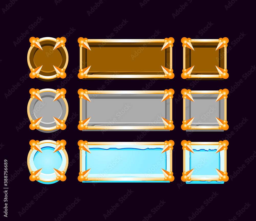 Aufkleber set of gui wooden, stone, ice button with medieval golden border frame for game ui asset elements ve