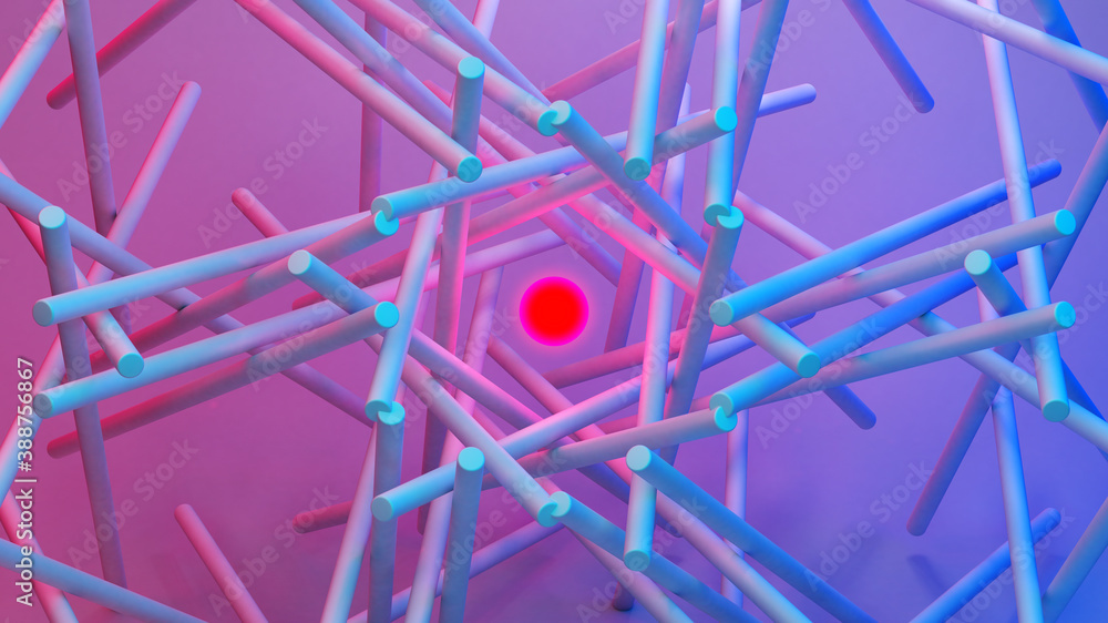 Poster scientific or technology abstractions with canes, sticks or rods flying in surreal symmetric structu