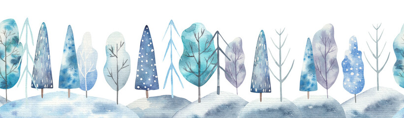 seamless pattern winter landscape, trees, childrens watercolor illustration on white background, nursery room decor, print © Ilona