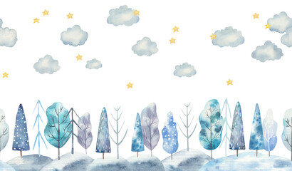 paysage d& 39 hiver de modèle sans couture, arbres, nuages et étoiles illustration pour enfants aquarelle sur fond blanc, décor de chambre de bébé, impression