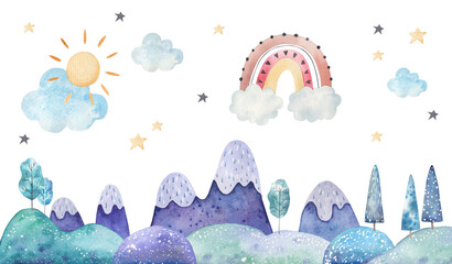 seamless pattern winter landscape, trees, mountains, clouds and stars watercolor childrens illustration on a white background, nursery room decor, print © Ilona