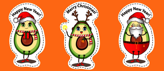 Fototapeta premium Avocado stickers set Merry Christmas and Happy New Year in vector