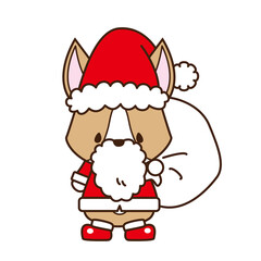 プレゼントの入った袋を持った可愛いサンタさんコーギー