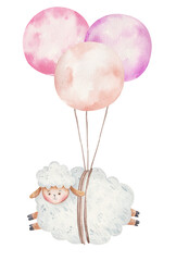 cute cartoon lamb flies on 3 large round balloons, children's illustration in watercolor on a white background, children's room decor, print