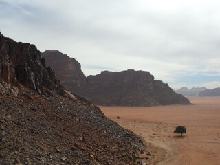Fototapeta na wymiar Hiking in the red desert sandcliffs and dunes of Wadi Rum in Jordan, Middle East