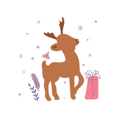 Christmas minimalistic card with reindeer and ball. Vector illustration with winter motif isolated on white background
