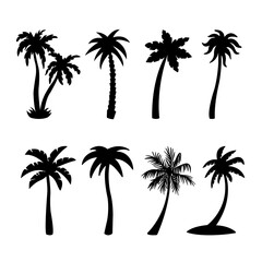 Palm tree silhouettes set isolated on white background, vector illustration. Palm trees icons collection.