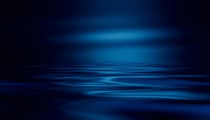 Abstract dark futuristic background. Blue rays of neon light reflect off the water. Background of empty stage show, beach party. 3d illustration