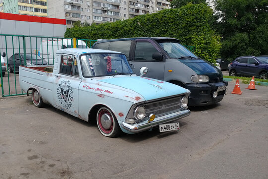 Moscow, Russia - May 03, 2019: IZH 2715. Retro custom car. Russian classic Pickup, reconstructed and tuned by low suspension. Front side view, Parked on the street