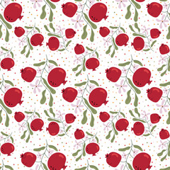 Pattern of a branch with pomegranate fruit and flowers. Spring mood. Health. Illustration for children's book. Cute Poster.Simple illustration.