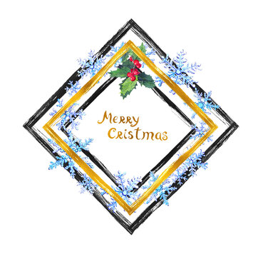 Modern christmas card with snowflakes, mistletoe in black hand painted stripes, golden ink lines. Watercolor design with text Merry Christmas