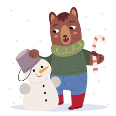A teddy bear in winter clothes sculpts a snowman. Winter mood. Illustration for children's book. Cute Poster.